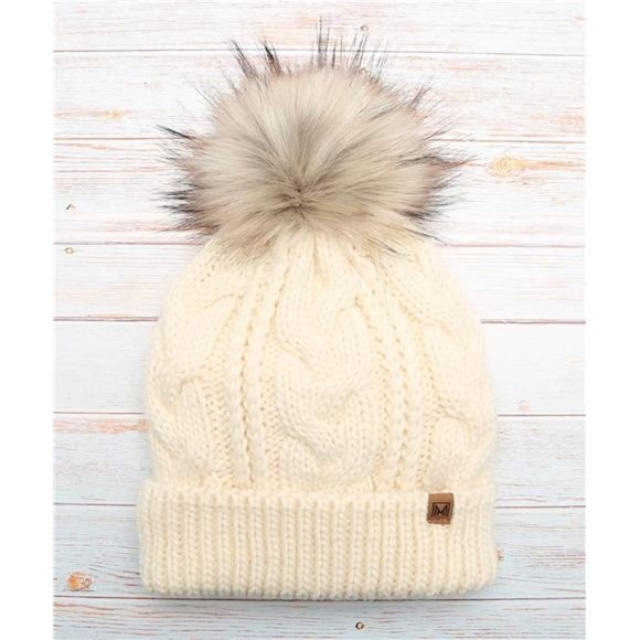 MIRMARU Women’s Soft Faux Fur Pom Pom Slouchy Beanie Hat with Sherpa Lined- Thic